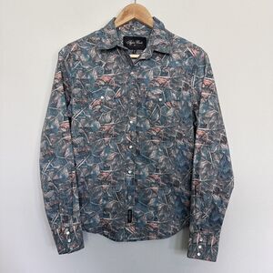 Rodeo Carte Western Pearl Snap Button Leaf Print Long Sleeve Shirt Women Medium